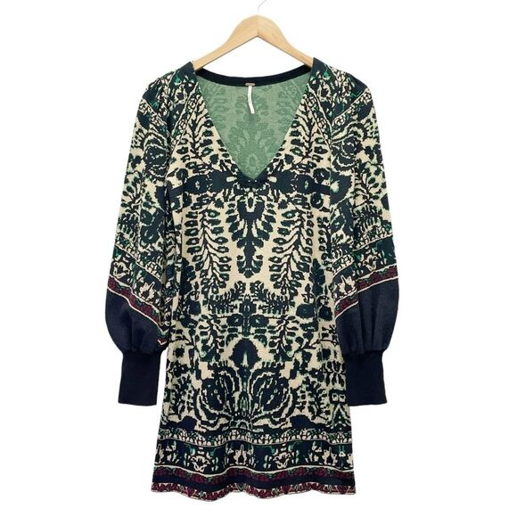 Free People Music & Lyrics Mini Boho Sweater Dress Black Green Combo Size Small - Picture 2 of 14